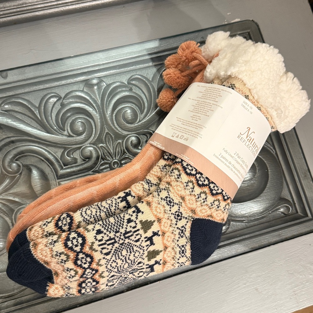 Natural Reflections 2 Pack Fair Isle Slipper Socks Pink Faux Fur Trim Socks